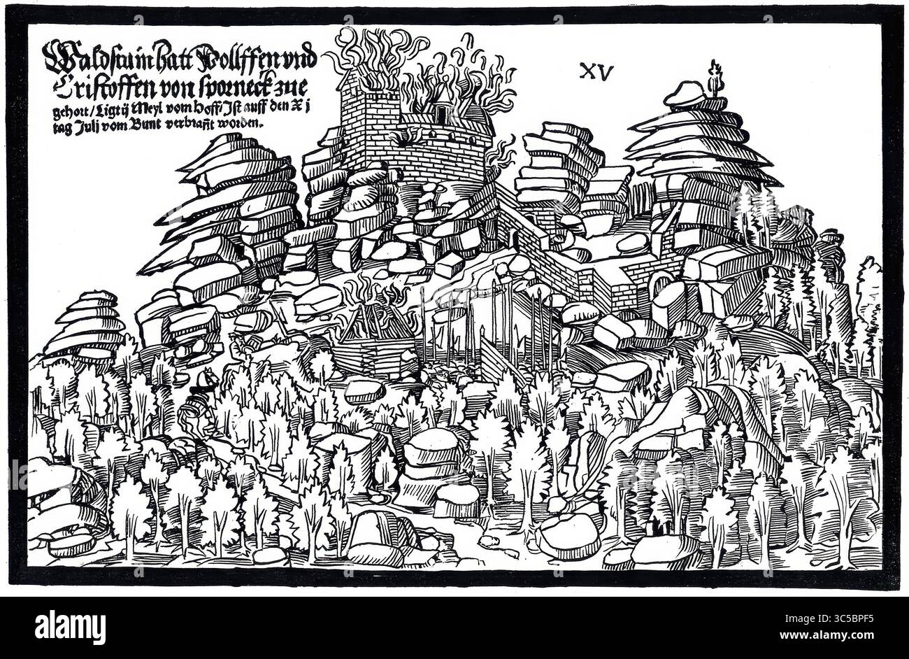 Distruzione di Waldsteinburg nel 1523, chiamato anche Castello Rosso, sul Grosser Waldstein nel Fichtelgebirge, alta Franconia, Baviera, Germania. Riproduzione storica restaurata digitalmente da un originale del XIX secolo. Data di registrazione non indicata. Foto Stock