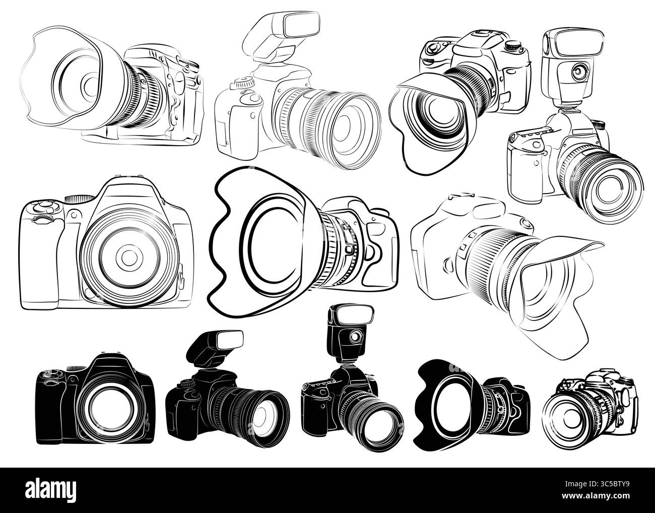 Gli schizzi di fotocamere professionali con flash. Illustrazione Vettoriale