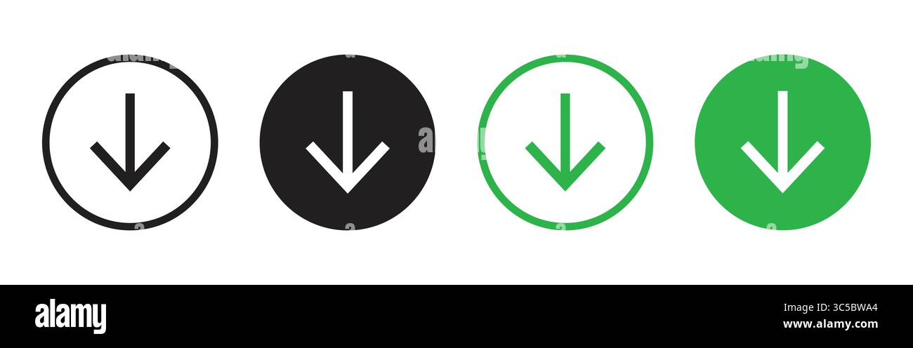 Icona di download PNG. Set di icone circolari freccia giù in bianco e nero e verde per l'interfaccia utente di download o navigazione Illustrazione Vettoriale