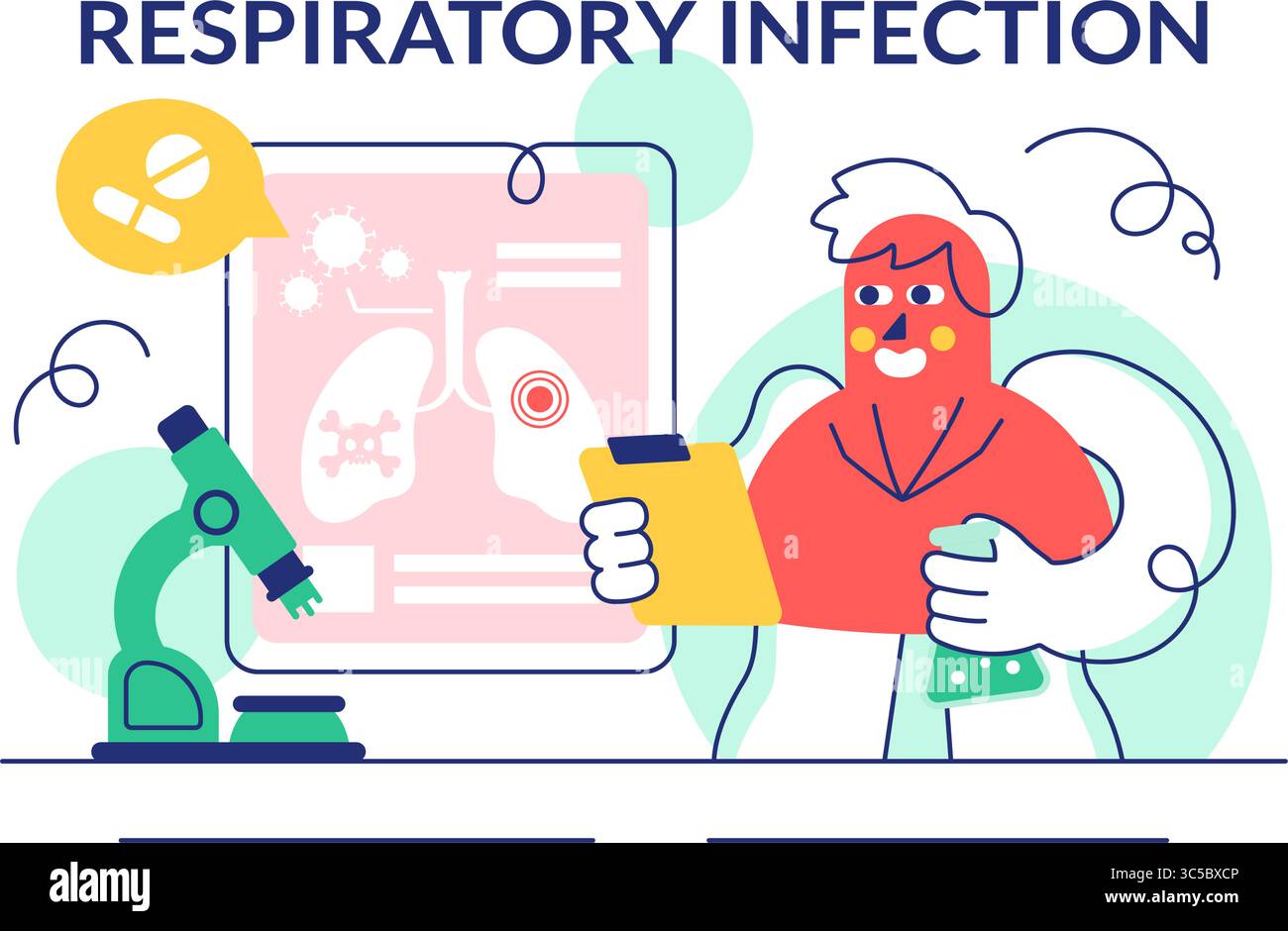 Illustrazione vettoriale di infezione respiratoria e infiammazione nei polmoni causata da cellule virali in un contesto di concetto sanitario e medico Illustrazione Vettoriale Illustrazione vettoriale di infezione respiratoria e infiammazione nei polmoni causata da cellule virali in un contesto di concetto sanitario e medico Illustrazione Vettoriale