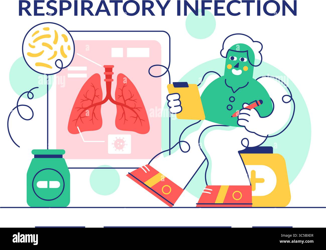 Illustrazione vettoriale di infezione respiratoria e infiammazione nei polmoni causata da cellule virali in un contesto di concetto sanitario e medico Illustrazione Vettoriale Illustrazione vettoriale di infezione respiratoria e infiammazione nei polmoni causata da cellule virali in un contesto di concetto sanitario e medico Illustrazione Vettoriale