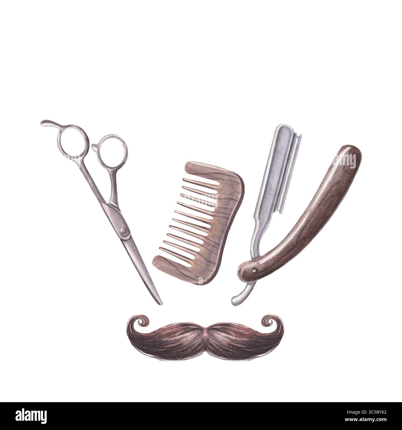 Baffi al manubrio, forbici vintage, pettine e rasoio dritto, spazio per il testo. Clipart disegnato a mano isolato su sfondo bianco per la progettazione di barbiere Foto Stock