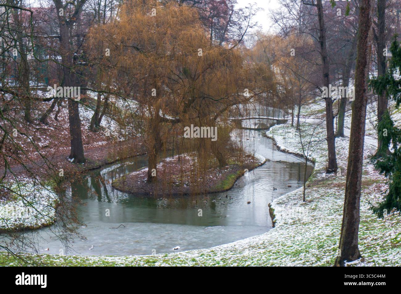 Parco centrale di Józef Czajkowski (Parco Centralny im. Józefa Czajkowskiego) a gennaio. Brzeg, Polonia. Foto Stock
