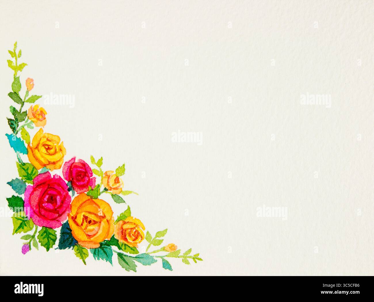 Dipingere fiori art motivo acquerello originale colorato di rosa ed emozione su sfondo bianco cartolina di congratulazioni Foto Stock