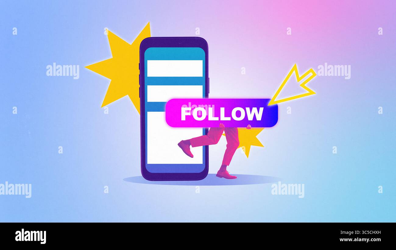 Composizione moderna. Uomo che tiene premuto il pulsante Segui di fronte allo smartphone con brillanti sequenze di stelle Foto Stock