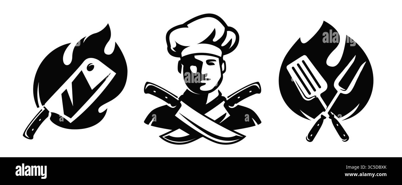 Cibo alla griglia, barbecue, simbolo del kebab. Emblema del fast food di strada. Cartelli per un menu di un ristorante o di una macelleria Illustrazione Vettoriale