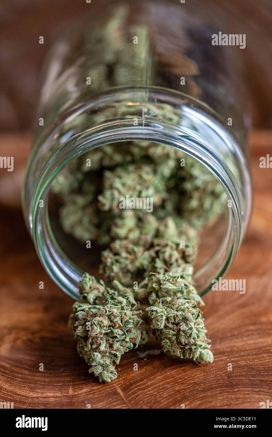 Vaso di vetro con boccioli di marijuana secca Foto Stock