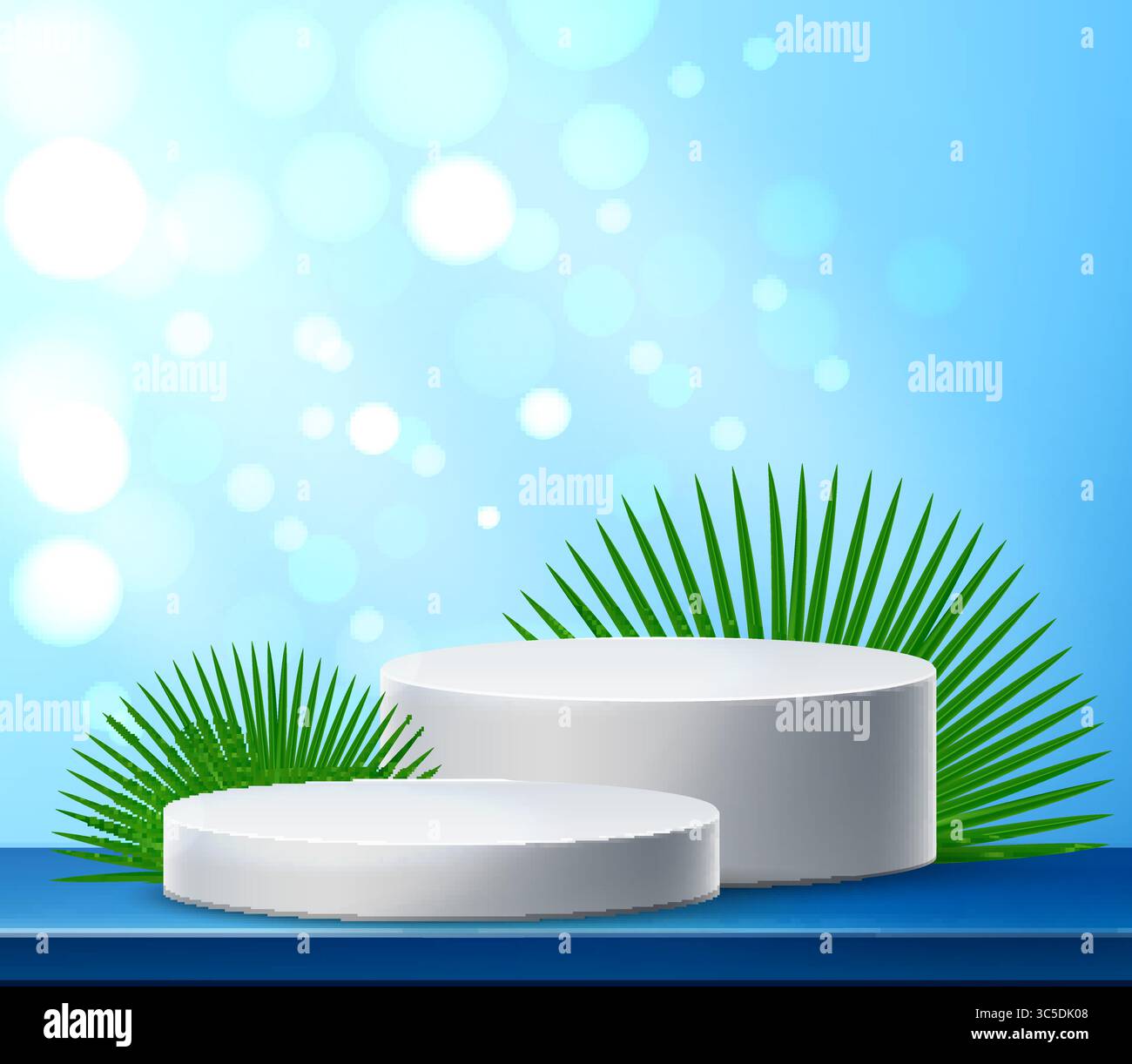 Passerella per pubblicità cosmetica decorata con foglie di palma monstera tropicale su sfondo blu. La spia bokeh lampeggia. Piedistallo vuoto della bombola. 3D. Illustrazione Vettoriale
