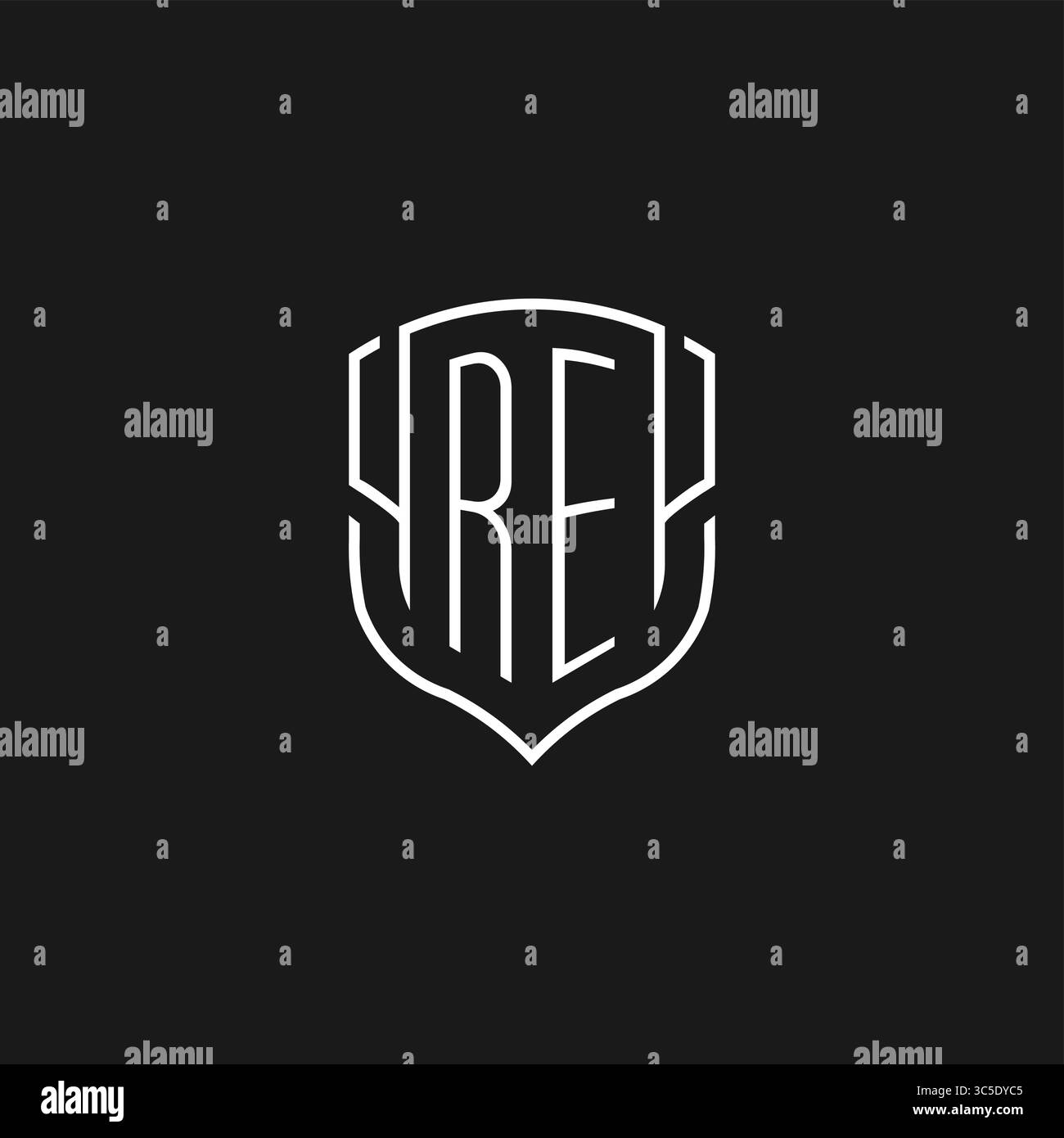 Forma dell'icona dello scudo monolina con logo RE iniziale con grafica vettoriale Illustrazione Vettoriale