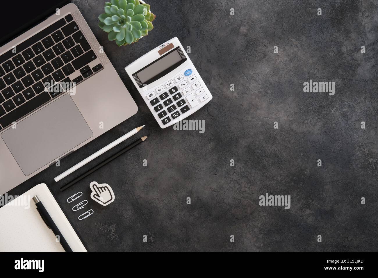 Spazio di lavoro minimalista con laptop, sistema di pianificazione proiettile nero, calcolatrice, penna e piante succulente su sfondo scuro. Inserire il testo. Foto Stock