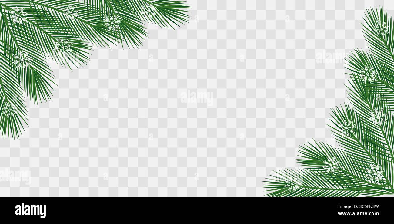 Spigoli e fiocchi di neve in abete abete formato banner bordo bordo superiore e inferiore idea modello Copyspace. Illustrazione vettore isolato biglietto d'auguri per la stagione invernale poster, banner, opuscolo, banner, tag Illustrazione Vettoriale