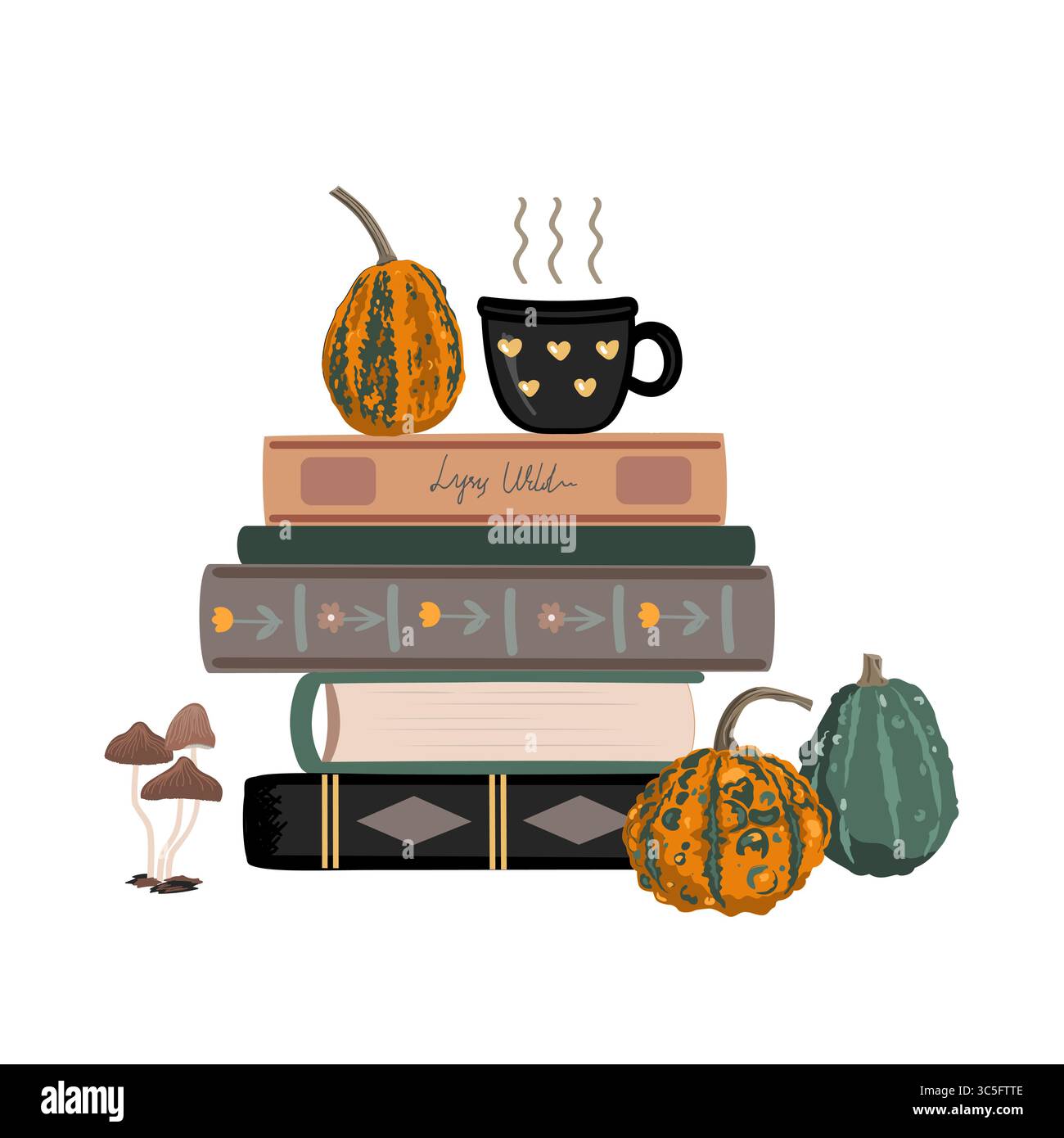 Composizione estetica autunnale con libri, zucca e bevanda calda. Illustrazione Vector Autumn Illustrazione Vettoriale