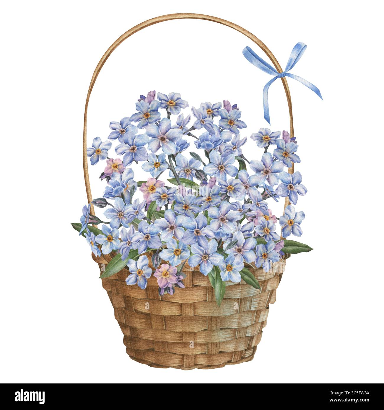 Cestello rotondo in vimini con manico, mazzo di piccoli fiori blu e fiocco. Illustrazione ad acquerello disegnata a mano di un contenitore in legno per un design rustico su iso Foto Stock