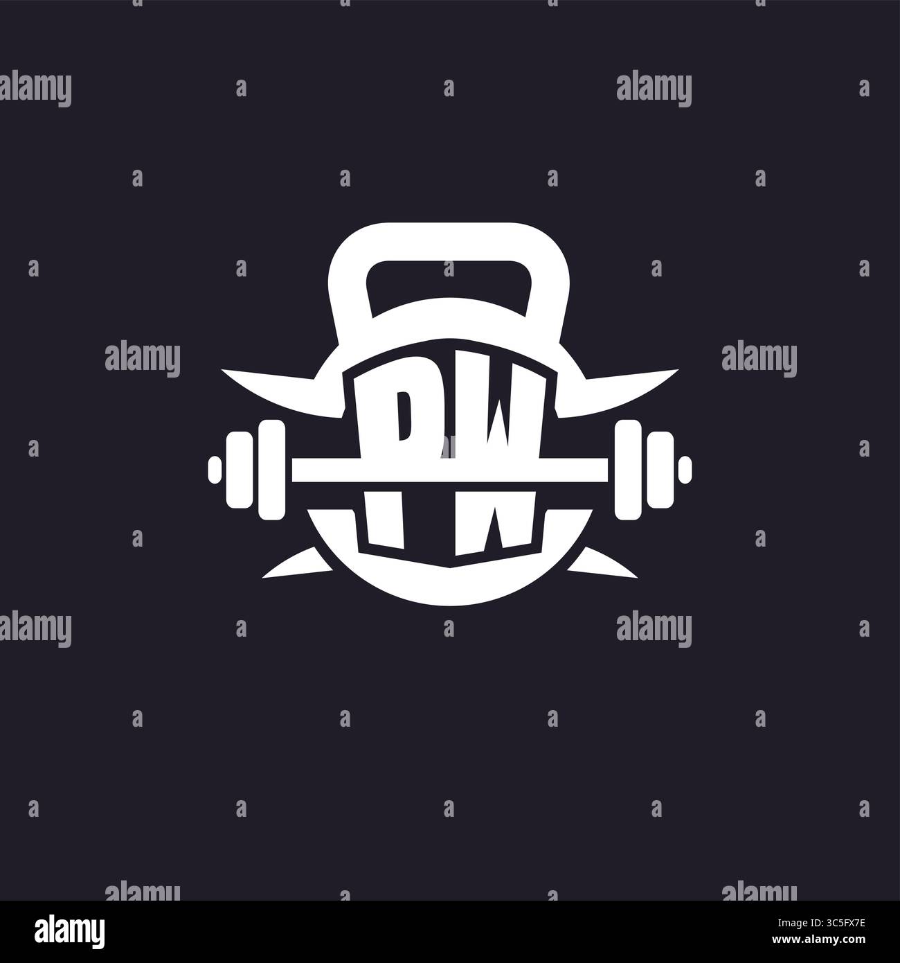 Logo PW iniziale per il fitness con un design vettoriale semplice ma creativo con icona a forma di campana e piatto Illustrazione Vettoriale