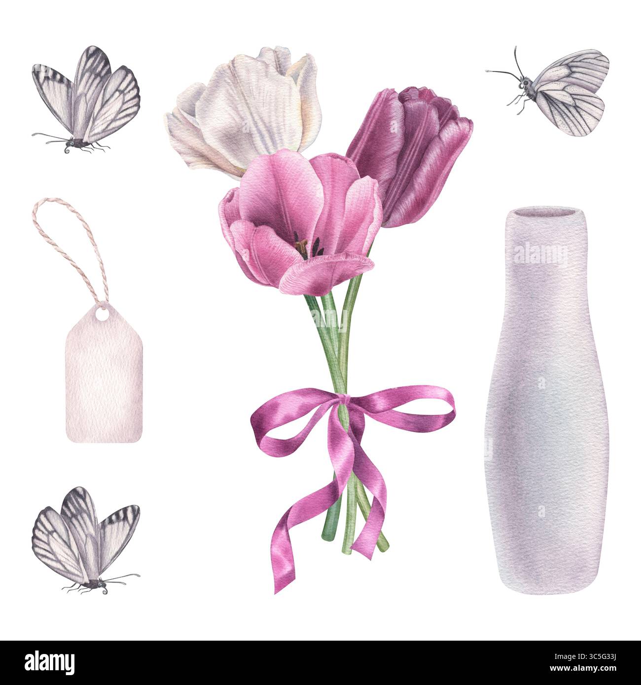 Bouquet di tulipani con fiocco, vaso bianco in ceramica, farfalle bianche e tag. Illustrazione ad acquerello disegnata a mano di fiori primaverili su sfondo isolato Foto Stock