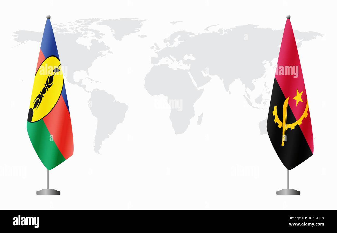 Bandiere della nuova Caledonia e dell'Angola per l'incontro ufficiale sullo sfondo della mappa del mondo. Illustrazione Vettoriale