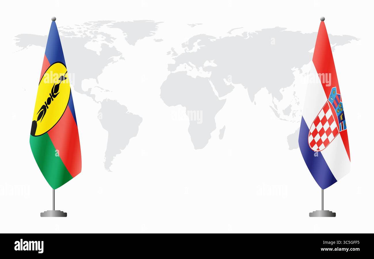 Bandiere della nuova Caledonia e della Croazia per l'incontro ufficiale sullo sfondo della mappa mondiale. Illustrazione Vettoriale