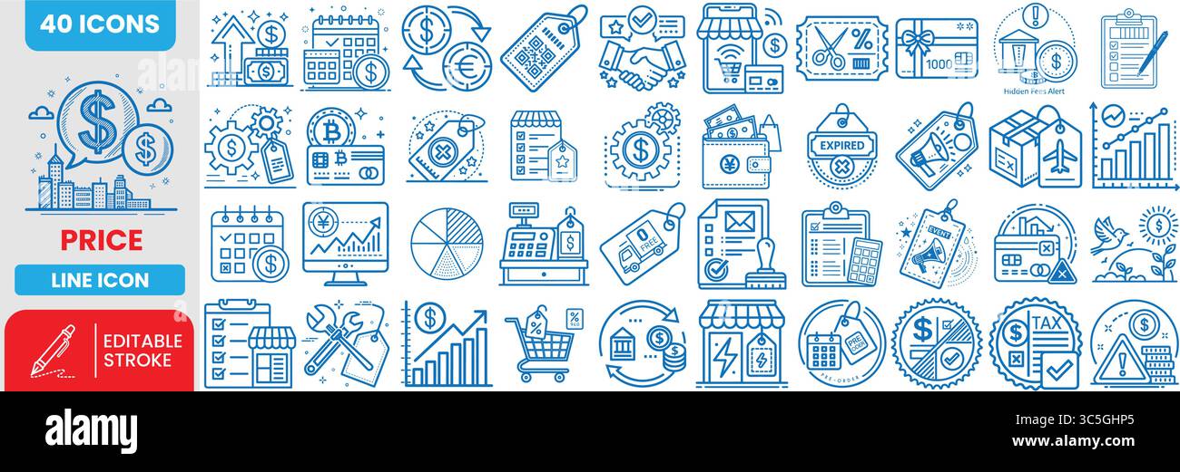 40 Set icone prezzo e linea denaro – simboli vettoriali di traccia modificabili per e-commerce, shopping, finanza e progettazione aziendale Illustrazione Vettoriale