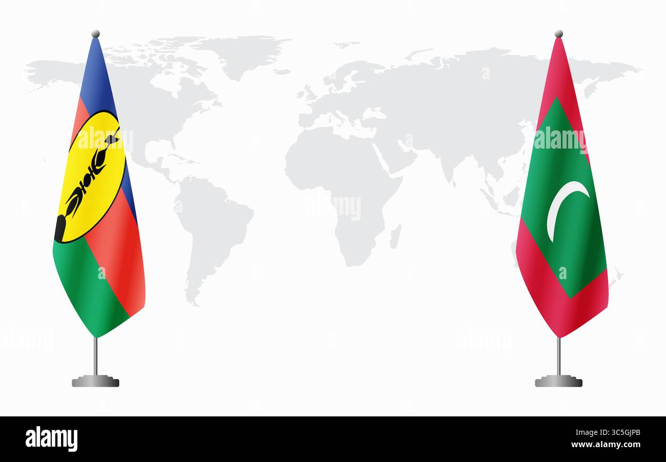 Nuova Caledonia e bandiere delle Maldive per l'incontro ufficiale sullo sfondo della mappa del mondo. Illustrazione Vettoriale