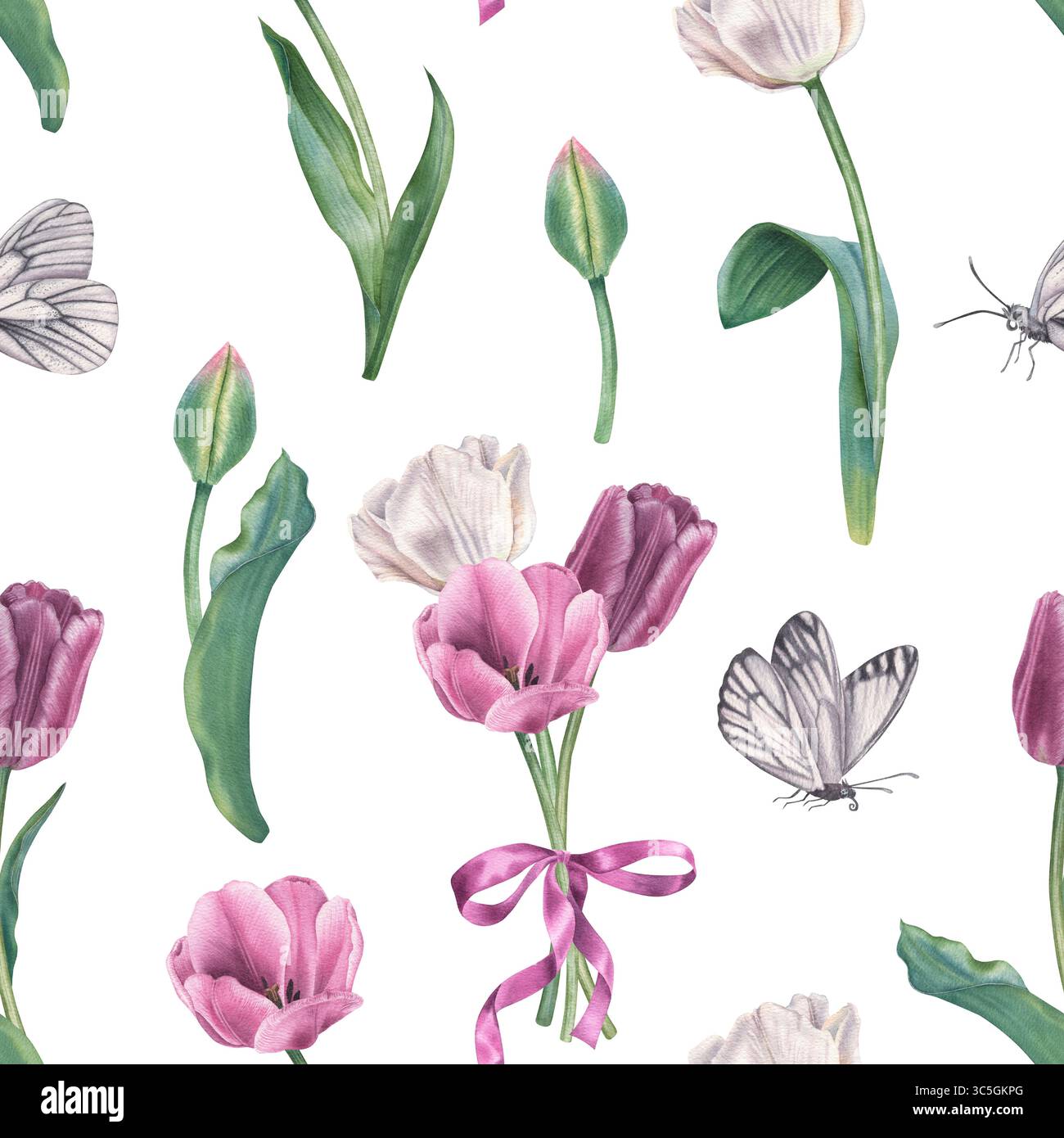 Motivo botanico senza cuciture con tulipani, farfalle e fiocco nei colori viola e bianco. Illustrazione ad acquerello disegnata a mano di fiori primaverili. Backgrou Foto Stock