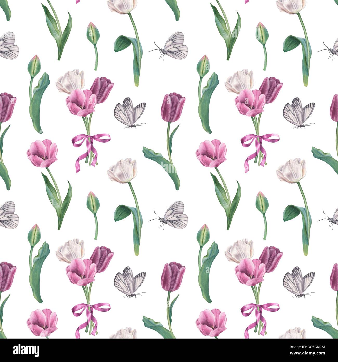 Motivo botanico senza cuciture con tulipani, farfalle e fiocco nei colori viola e bianco. Illustrazione ad acquerello disegnata a mano di fiori primaverili. Backgrou Foto Stock