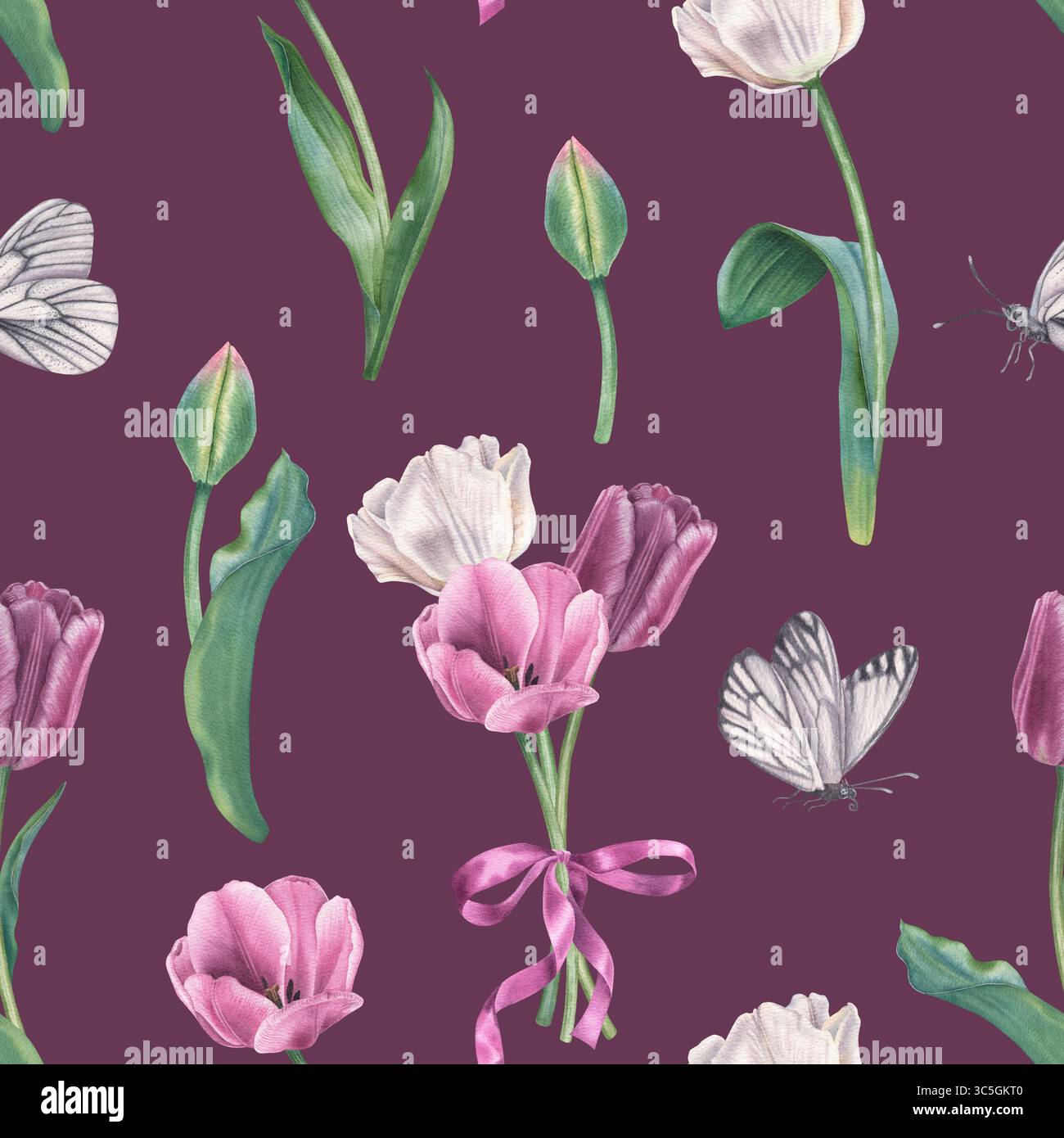 Motivo botanico senza cuciture con tulipani, farfalle e fiocco nei colori viola e bianco. Illustrazione ad acquerello disegnata a mano di fiori primaverili su pistola Foto Stock