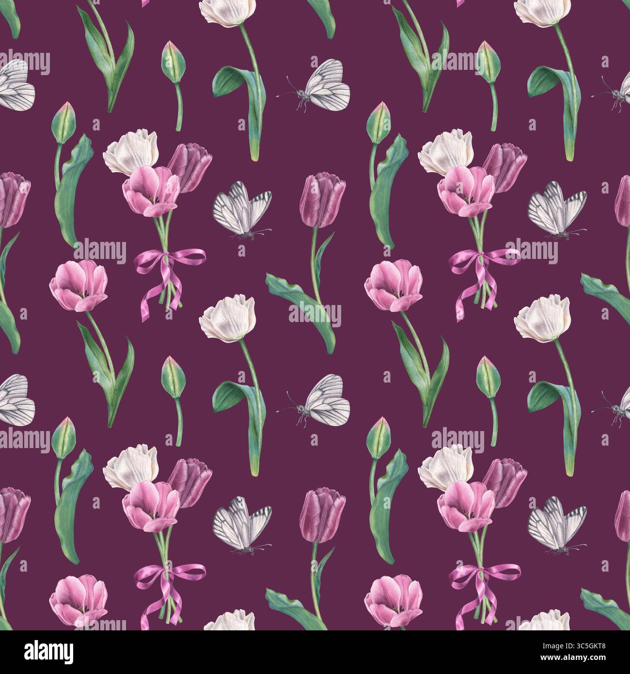 Motivo botanico senza cuciture con tulipani, farfalle e fiocco nei colori viola e bianco. Illustrazione ad acquerello disegnata a mano di fiori primaverili su pistola Foto Stock