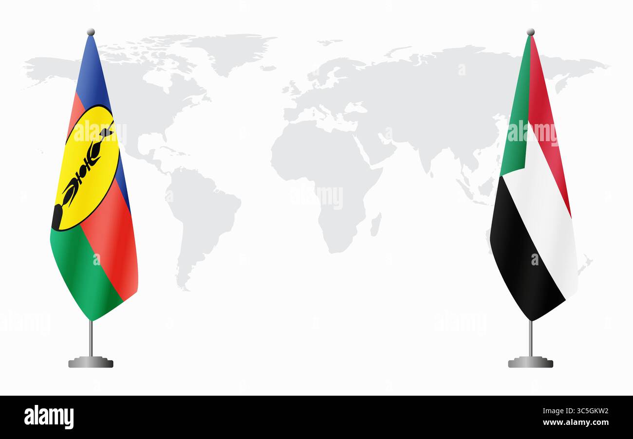 Nuove bandiere della Caledonia e del Sudan per l'incontro ufficiale sullo sfondo della mappa mondiale. Illustrazione Vettoriale