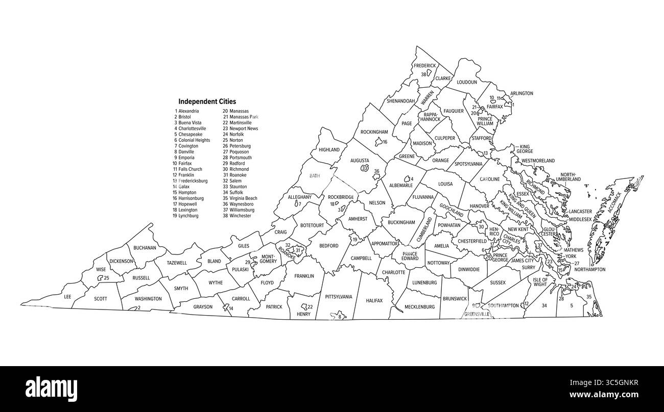 Stato della Virginia, suddiviso in 95 contee e 38 città indipendenti, delineano la mappa. Stato negli Stati Uniti. Foto Stock