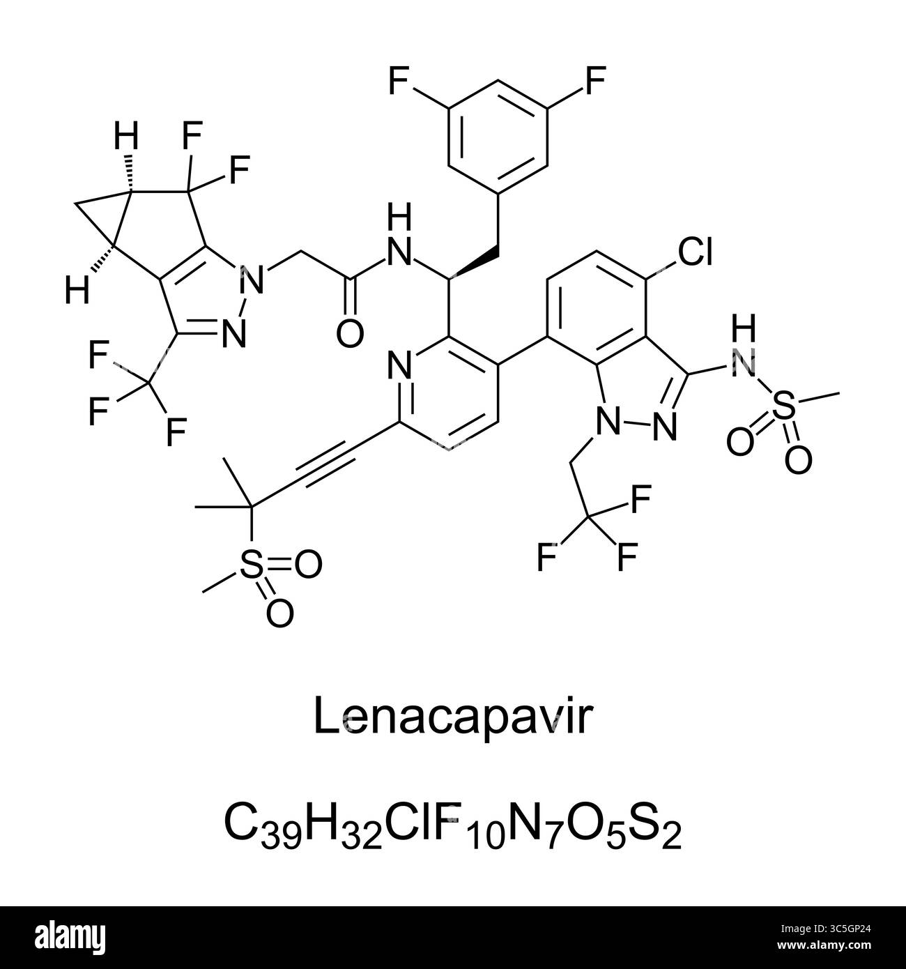 Lenacapavir, formula chimica e struttura scheletrica. Farmaco antiretrovirale usato per trattare e prevenire l'HIV e l'AIDS. Foto Stock