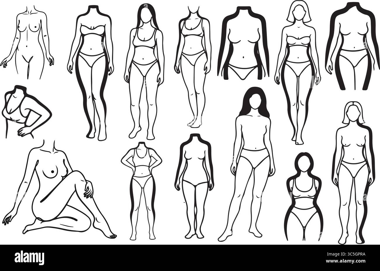 Silhouette femminili minimali Set vettoriale – diversità del corpo in posizioni moderne per l'empowerment e il branding Illustrazione Vettoriale