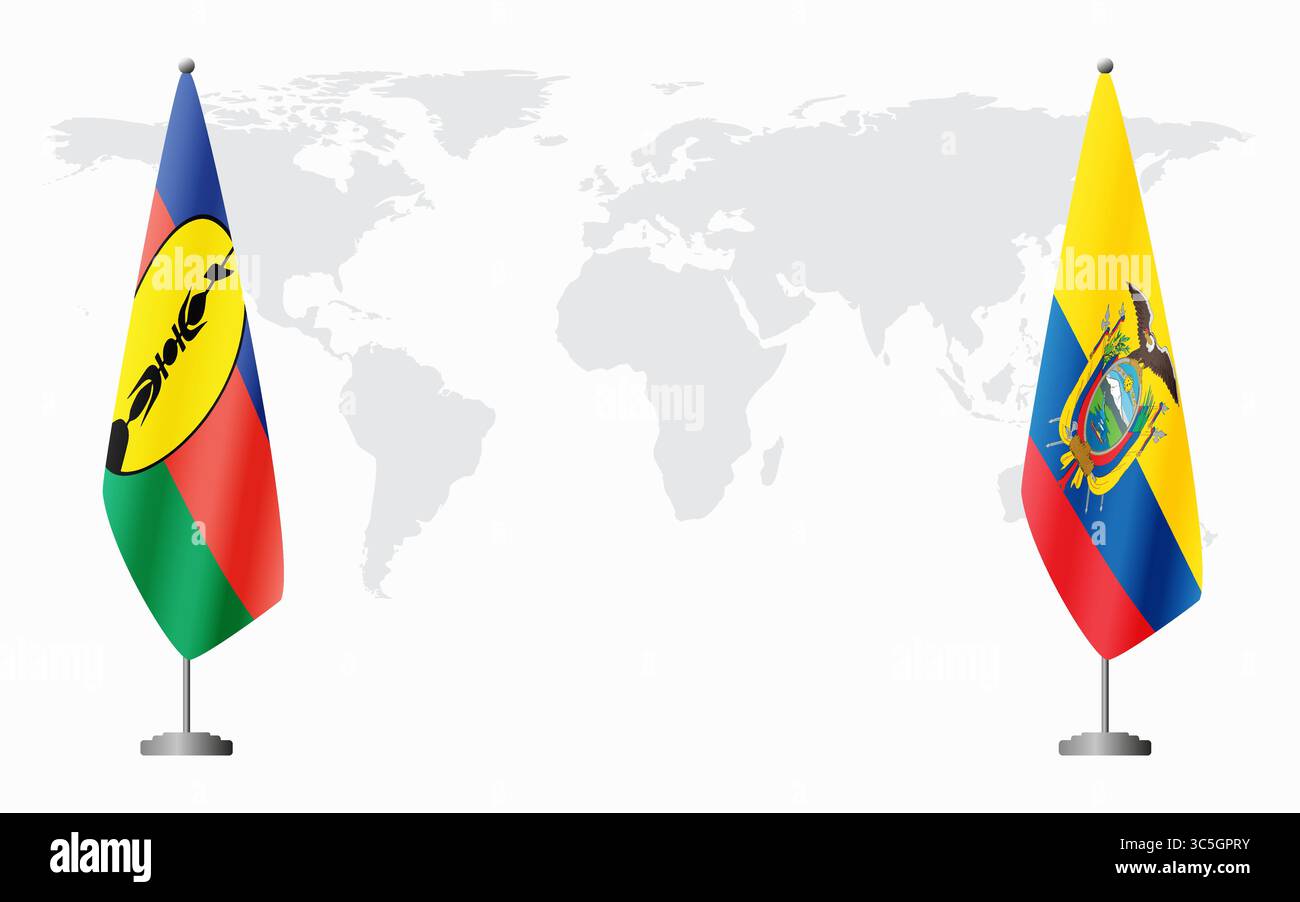 Nuova Caledonia ed Ecuador bandiere per incontro ufficiale sullo sfondo della mappa del mondo. Illustrazione Vettoriale