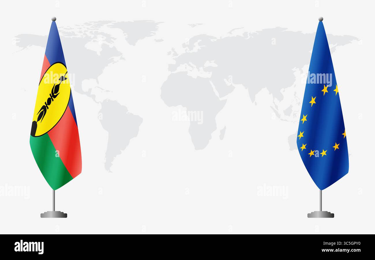 Nuova Caledonia e bandiere dell'Unione europea per l'incontro ufficiale sullo sfondo della mappa mondiale. Illustrazione Vettoriale