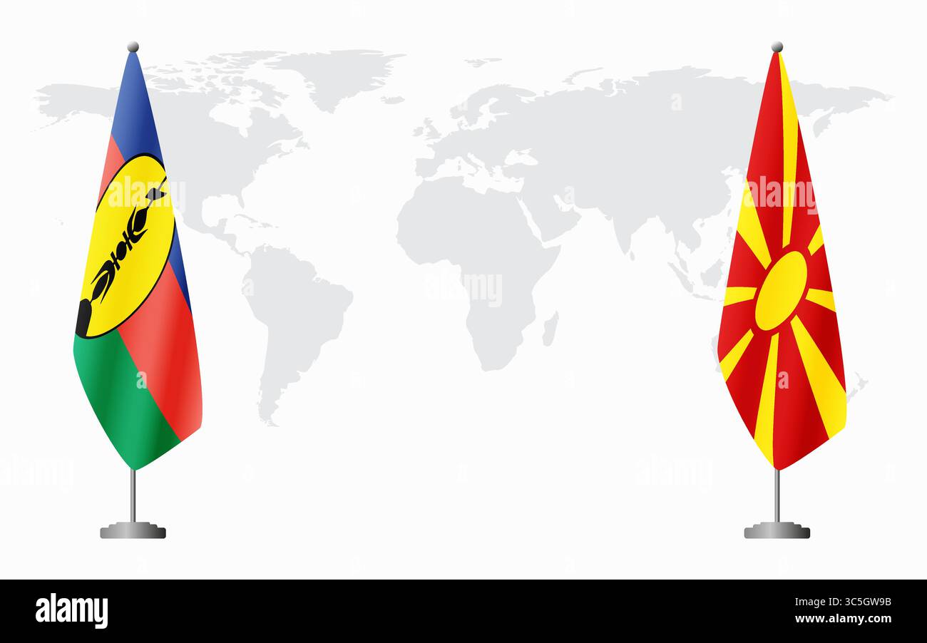 Bandiere della nuova Caledonia e della Macedonia settentrionale per l'incontro ufficiale sullo sfondo della mappa mondiale. Illustrazione Vettoriale