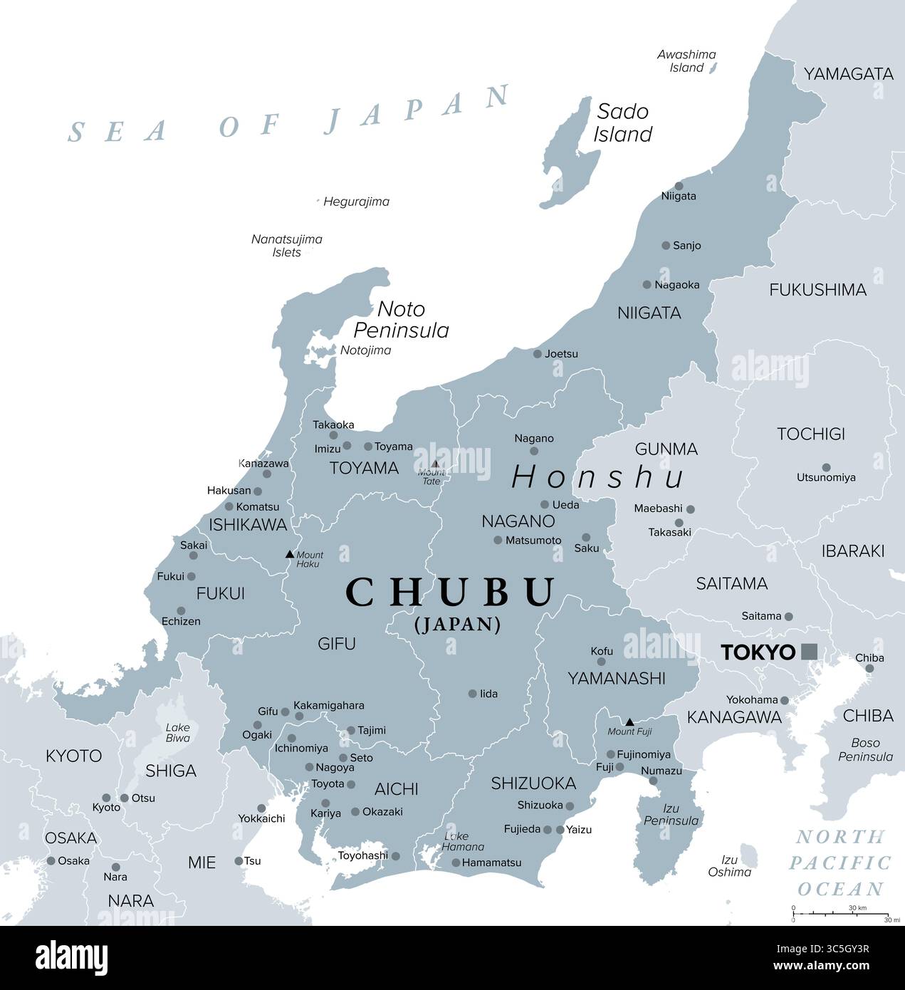 Chubu, regione del Giappone, mappa politica grigia. Anche la regione centrale o il Giappone centrale, una regione al centro dell'isola principale di Honshu. Foto Stock