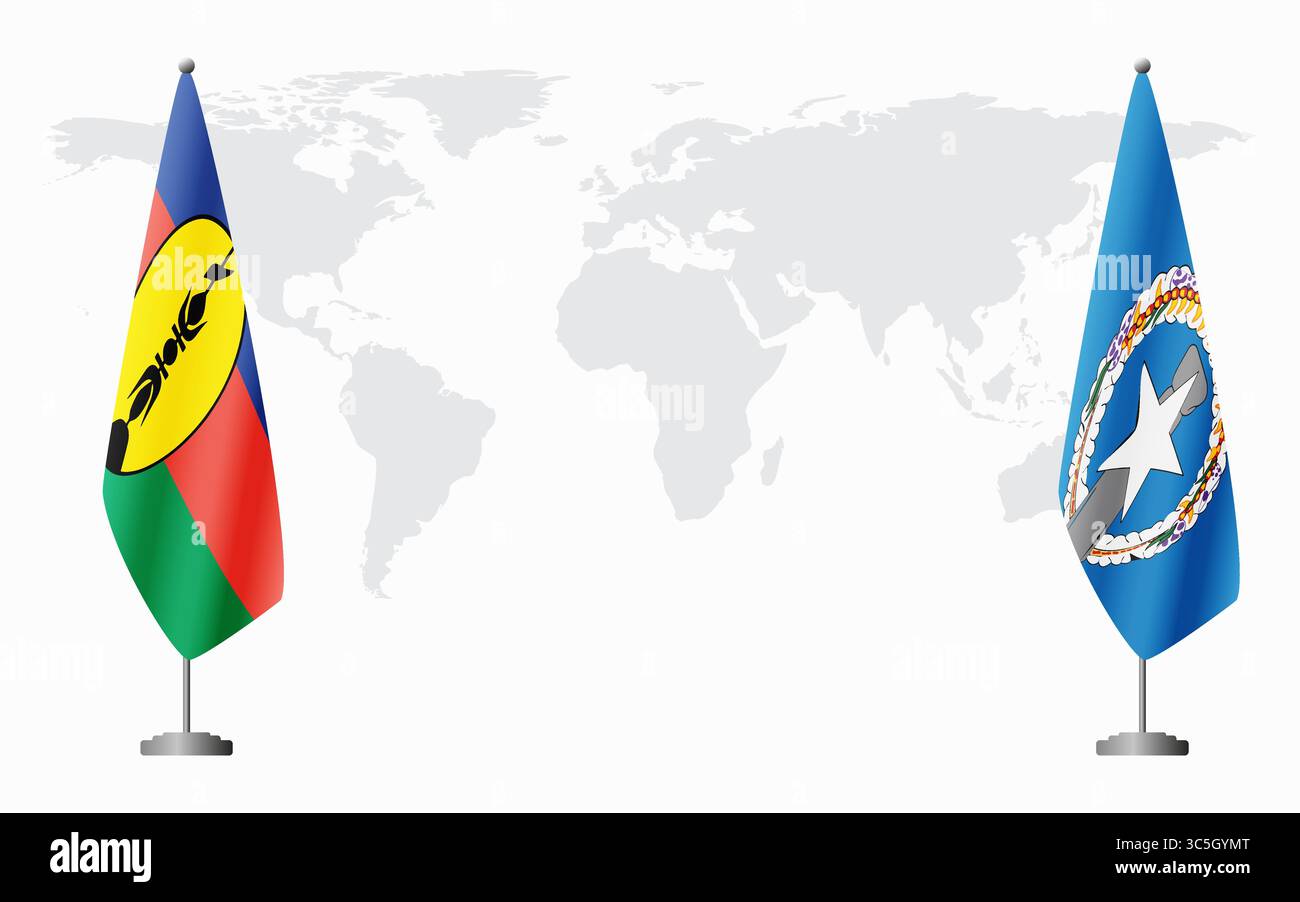 Bandiere della nuova Caledonia e delle Isole Marianne Settentrionali per l'incontro ufficiale sullo sfondo della mappa mondiale. Illustrazione Vettoriale