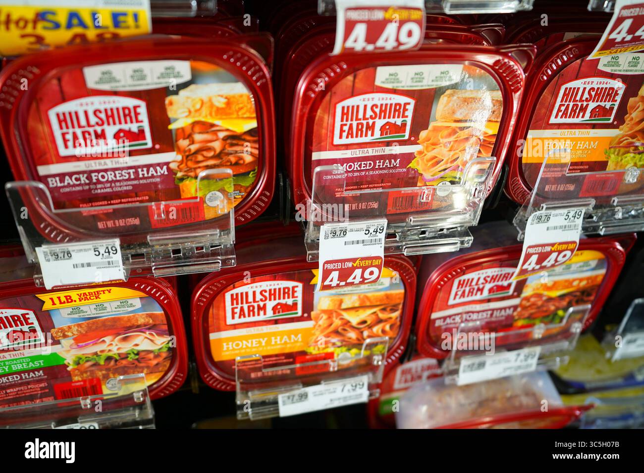 Hillshire Farms Sandwich Deli carni confezionate in modo ordinato sul ripiano refrigerato del negozio di alimentari Foto Stock