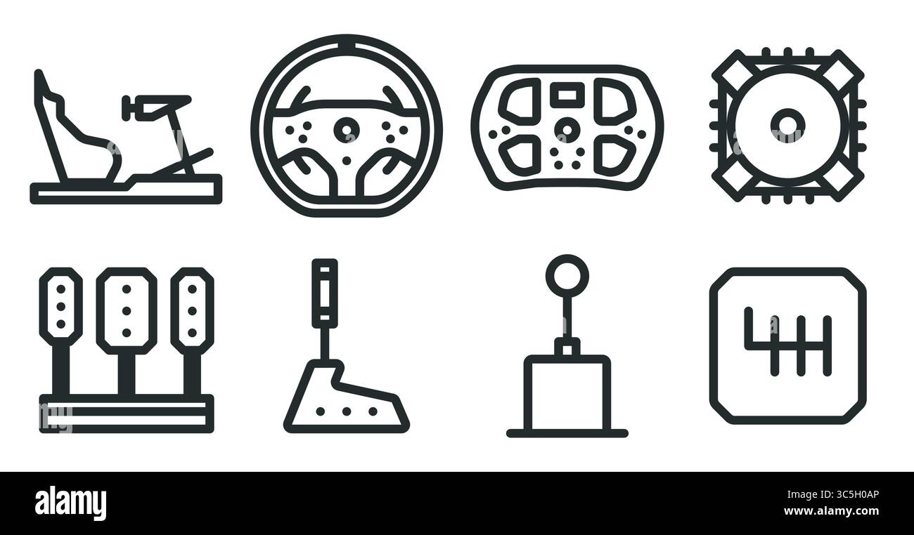 Set di icone di impostazione delle corse SIM. Equipaggiamento simulatore di corse - cockpit, volante, base volante, set pedale, freno a mano, leva del cambio. 48x48 px Illustrazione Vettoriale
