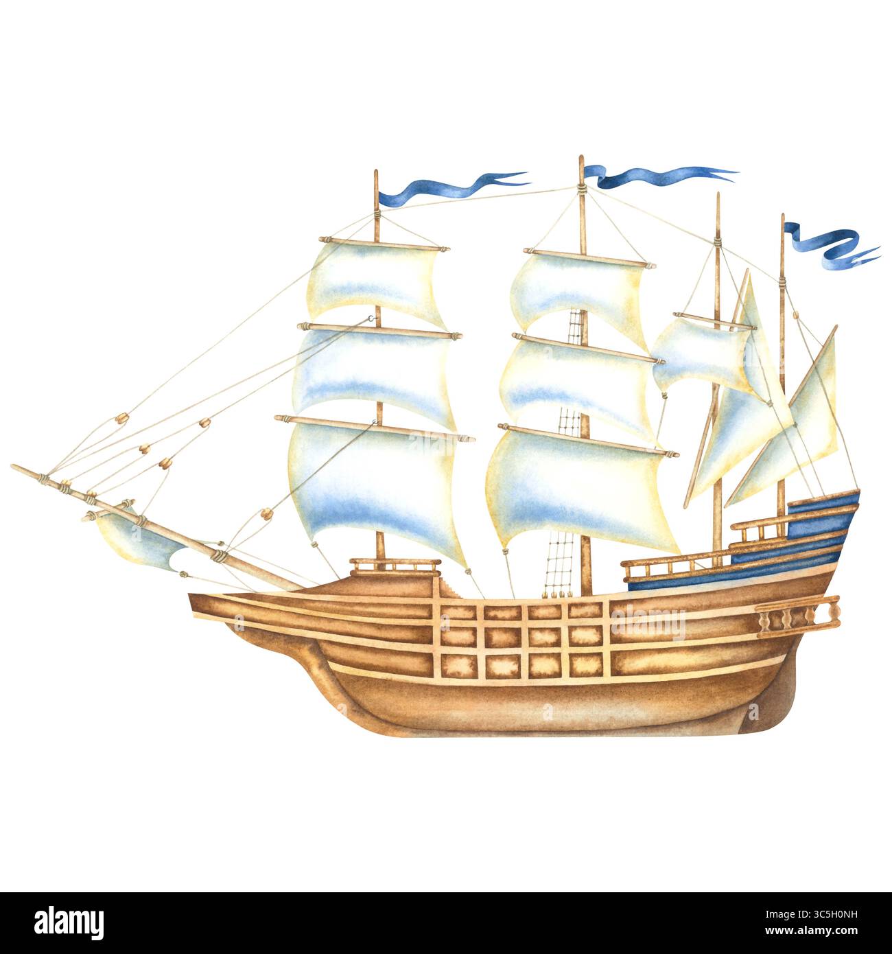 Stravagante veliero d'epoca. Illustrazione ad acquerello disegnata a mano di galeon su sfondo isolato. Disegno della Vela colorata per la doccia del bambino Foto Stock