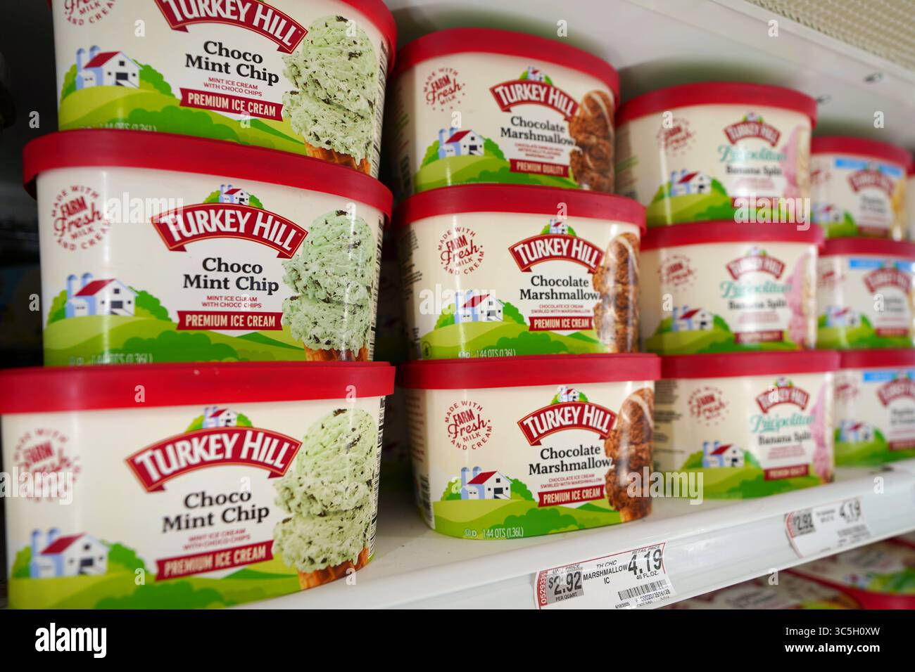 Turkey Hill Mint Choco Chip Ice Cream dessert prodotti perfettamente allineati sullo scaffale del negozio di alimentari con vari sapori Foto Stock