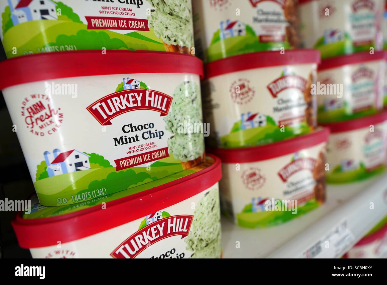 Turkey Hill Mint Choco Chip Ice Cream dessert prodotti perfettamente allineati sullo scaffale del negozio di alimentari con vari sapori Foto Stock