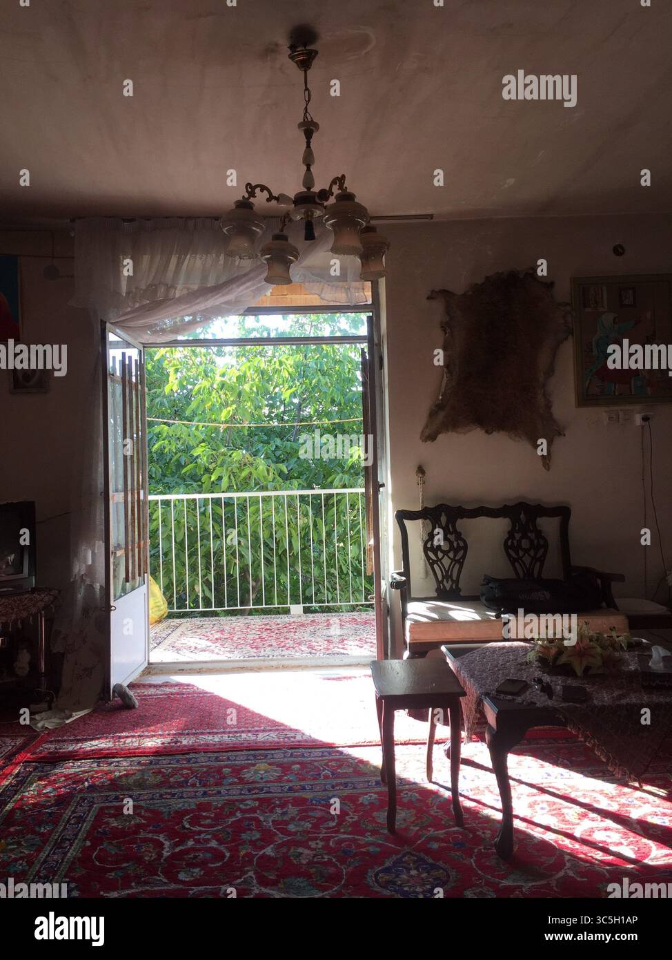 Un soggiorno iraniano tradizionale con mobili vintage, tappeti persiani fatti a mano e luce del sole che scorre attraverso la porta aperta su un balcone alberato. Foto Stock