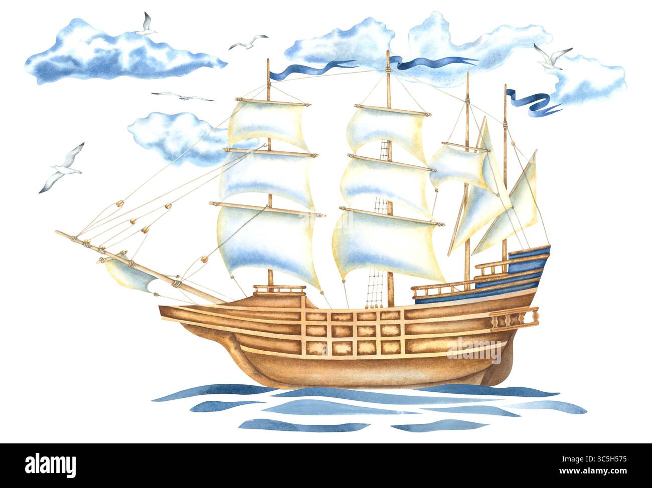 Una nave a vela in legno galleggia sulle onde del mare, contro un cielo cupo, i gabbiani volano intorno. Illustrazione ad acquerello disegnata a mano di un'antica fregata Foto Stock