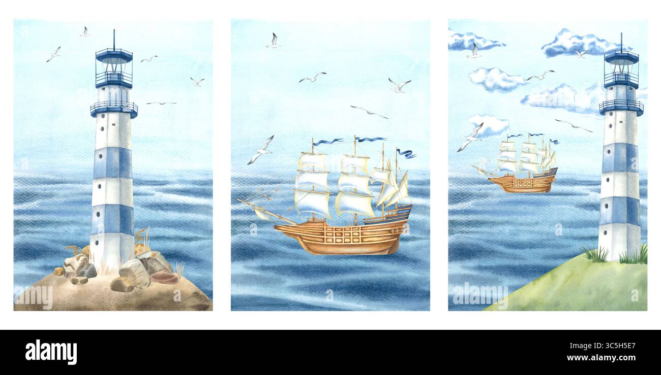 Cartoline con faro, nave a vela, nuvole, uccelli. Illustrazione ad acquerello disegnata a mano di paesaggi marini. A tema nautico ideale per viaggi marittimi Foto Stock
