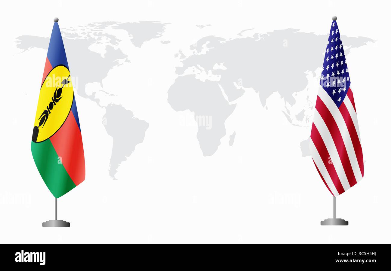 Nuova Caledonia e bandiere USA per l'incontro ufficiale sullo sfondo della mappa del mondo. Illustrazione Vettoriale