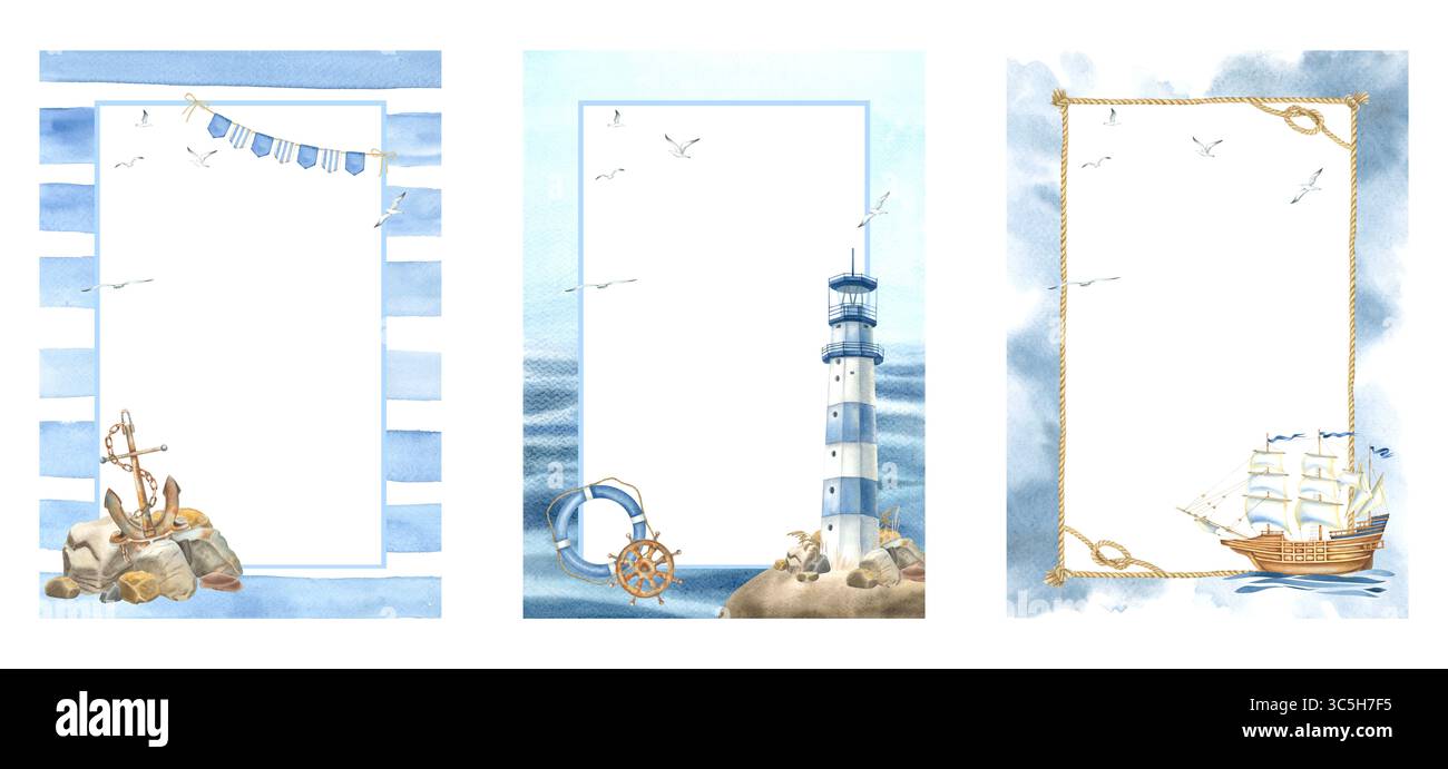 Biglietti di auguri per bambini o inviti per bambini con faro, nave, ancora. Illustrazione ad acquerello disegnata a mano della cornice con barca a vela e faro rotante Foto Stock