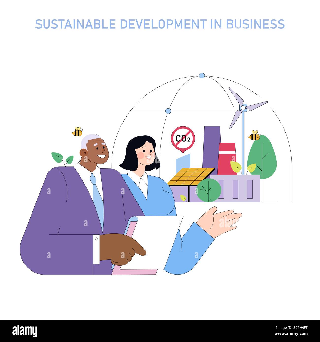 Illustrazione vettoriale di due leader aziendali che discutono dello sviluppo sostenibile. Illustra la tecnologia ecocompatibile, l'energia solare e le turbine eoliche, evidenziando i concetti di sostenibilità. Illustrazione Vettoriale