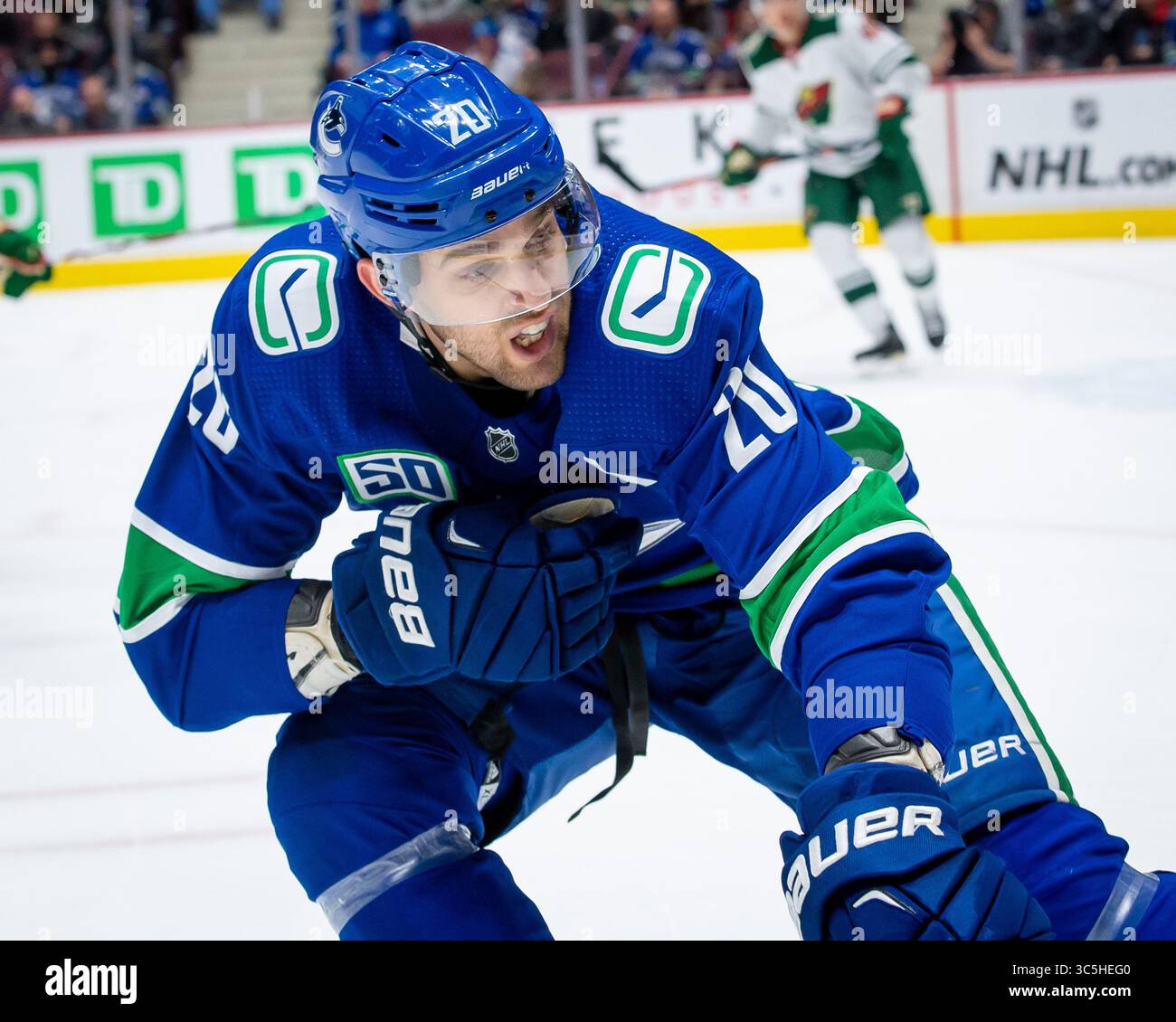 19 febbraio 2020: Centro dei Canucks Brandon Sutter (20) in gara durante la partita NHL tra i Minnesota Wild e i Vancouver Canucks alla Rogers Arena di Vancouver, Canada. Dom Gagne/CSM(immagine di credito: &Copy; dom Gagne/CSM tramite cavo ZUMA) Foto Stock