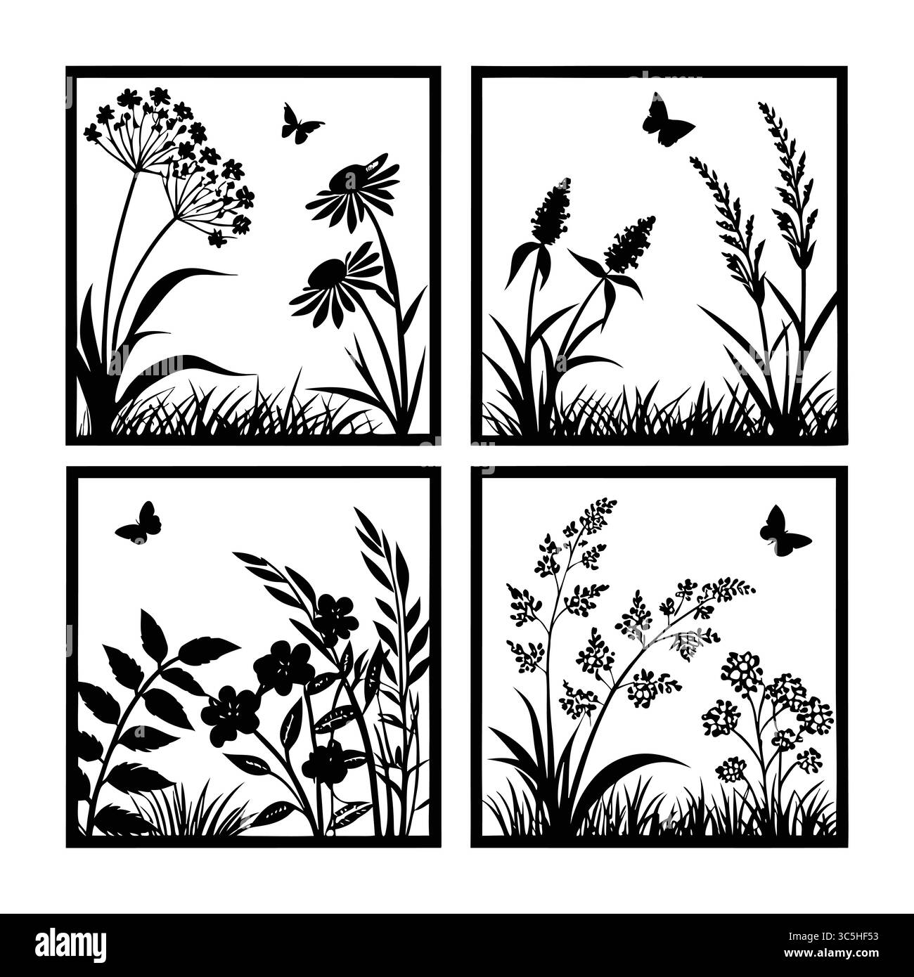 Silhouette ispirata alla natura con stampe di fiori selvatici e farfalle in eleganti cornici Illustrazione Vettoriale