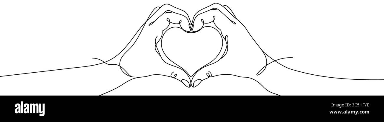 Mani nere che creano una forma a cuore in stile art su una linea. Disegno manuale con tratto modificabile su sfondo bianco. Illustrazione vettoriale. Illustrazione Vettoriale